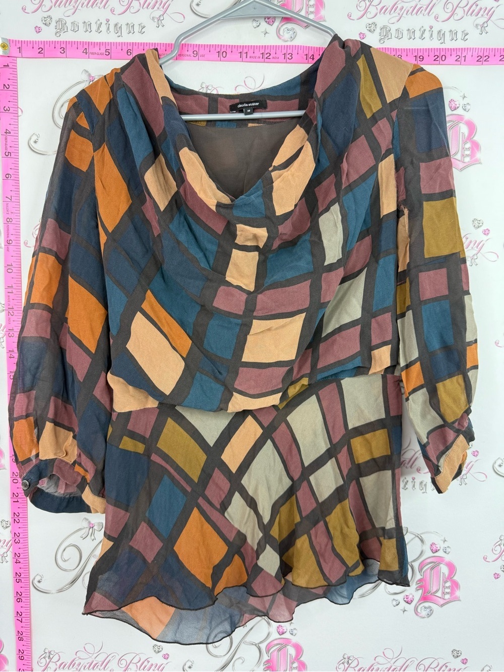 Claudia strater silk cowl Neck Geometric Plaid Blouse - Multicolor